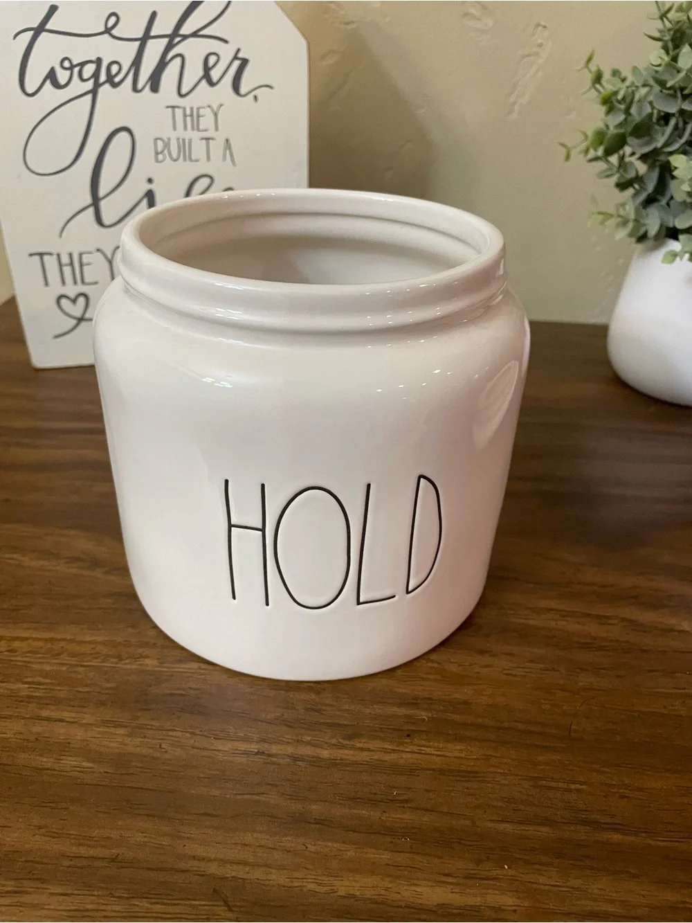 Rae Dunn White Ceramic Canister with Black 'HOLD' Lettering